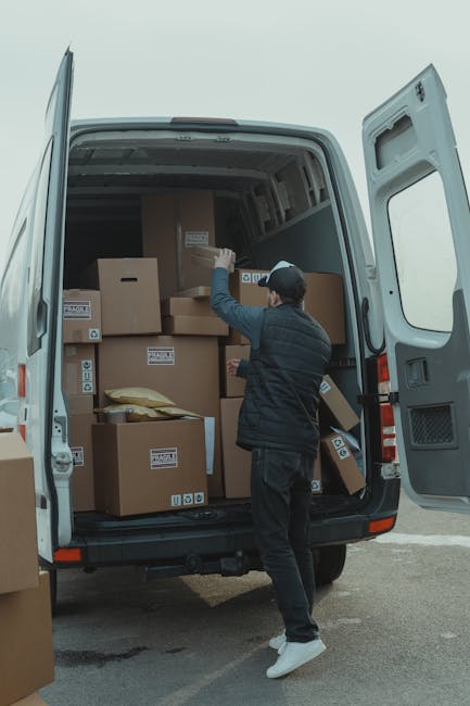A person wearing a black jacket, dark pants, white sneakers, and a black cap is seen loading or unloading multiple cardboard boxes of various sizes into the open rear of a white moving van. The boxes 