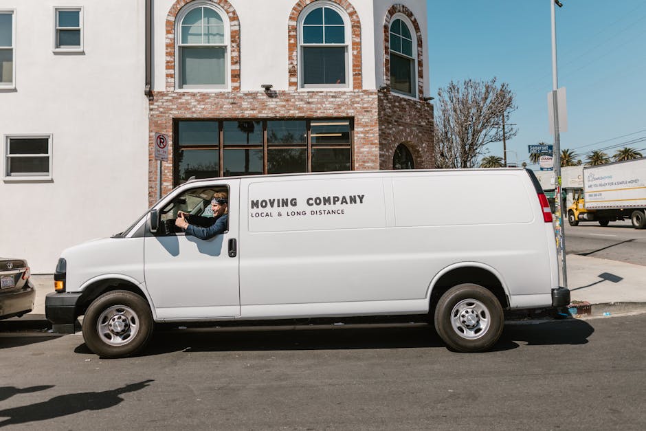 A person wearing a black jacket, dark pants, white sneakers, and a black cap is seen loading or unloading multiple cardboard boxes of various sizes into the open rear of a white moving van. The boxes 